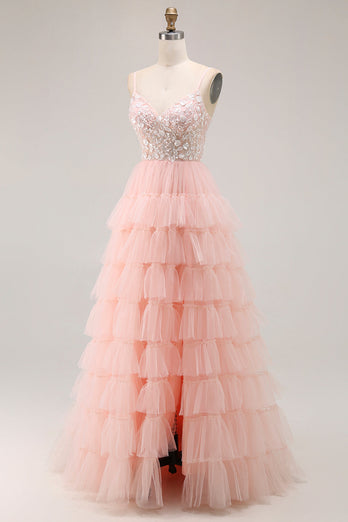 Sparkly Floral Blush Tulle A-Line Ruffled Long Prom Dress with Sequins