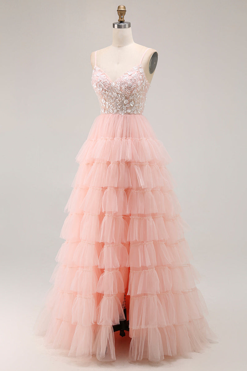 Load image into Gallery viewer, Sparkly Floral Blush Tulle A-Line Ruffled Long Prom Dress with Sequins