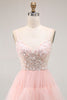 Load image into Gallery viewer, Sparkly Floral Blush Tulle A-Line Ruffled Long Prom Dress with Sequins