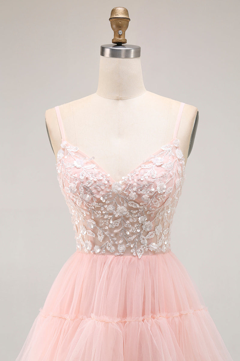 Load image into Gallery viewer, Sparkly Floral Blush Tulle A-Line Ruffled Long Prom Dress with Sequins