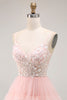 Load image into Gallery viewer, Sparkly Floral Blush Tulle A-Line Ruffled Long Prom Dress with Sequins