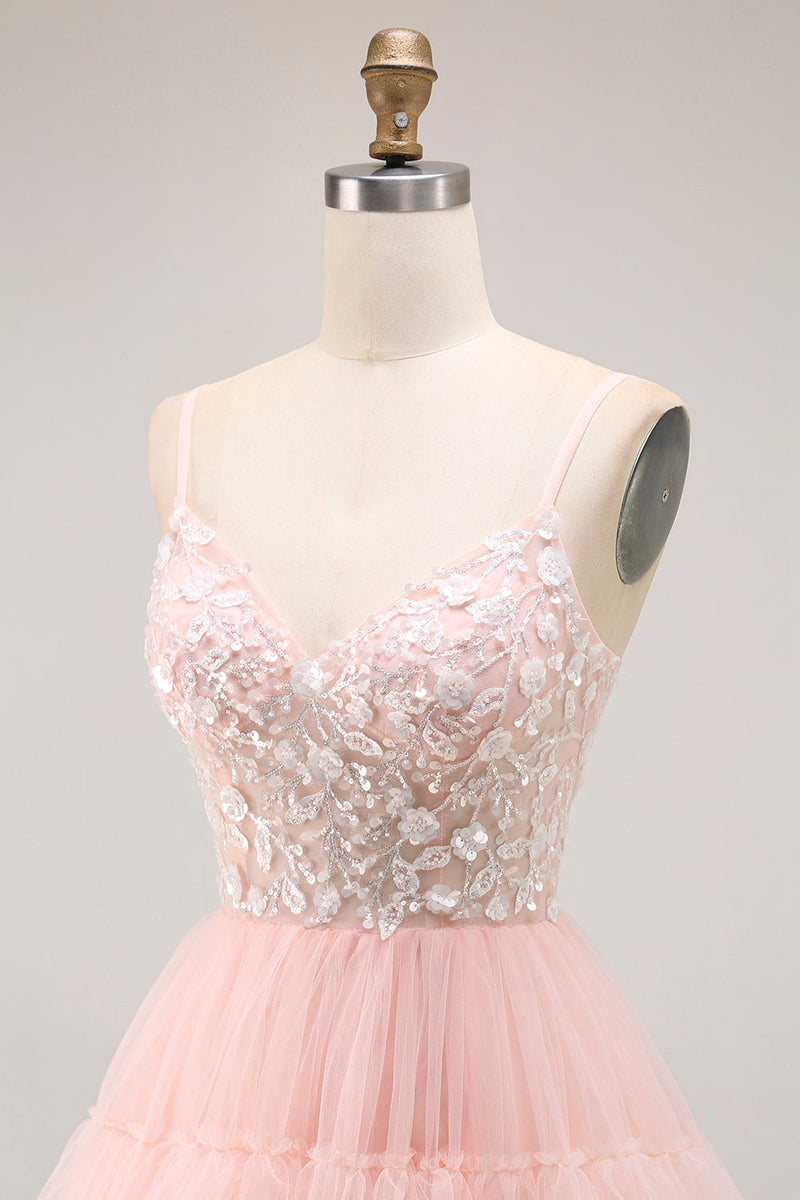 Load image into Gallery viewer, Sparkly Floral Blush Tulle A-Line Ruffled Long Prom Dress with Sequins
