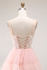 Load image into Gallery viewer, Sparkly Floral Blush Tulle A-Line Ruffled Long Prom Dress with Sequins