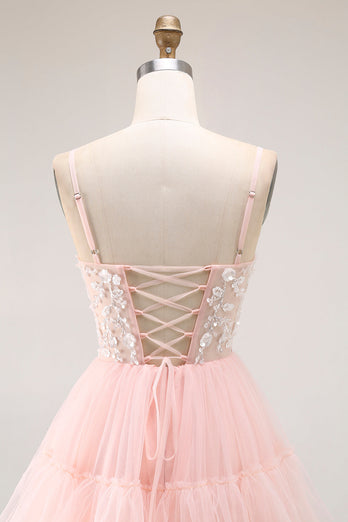 Sparkly Floral Blush Tulle A-Line Ruffled Long Prom Dress with Sequins
