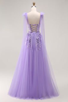 Sparkly Purple Tulle A Line Long Prom Dress with Sequins