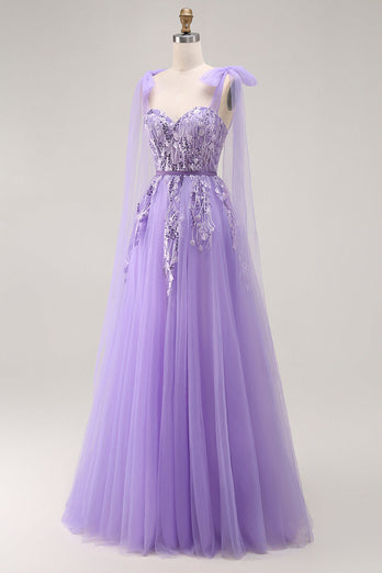 Sparkly Purple Tulle A Line Long Prom Dress with Sequins
