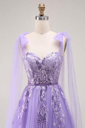 Sparkly Purple Tulle A Line Long Prom Dress with Sequins