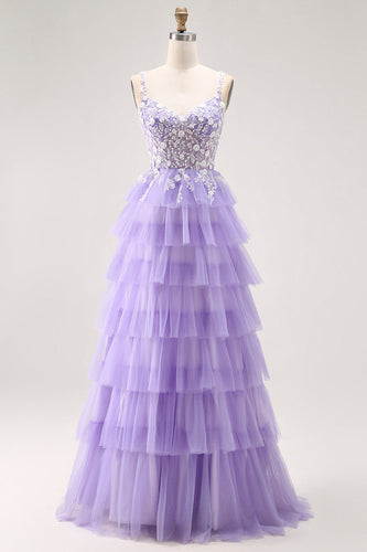 Glitter Purple A Line Tulle Tiered Long Prom Dress with Lace