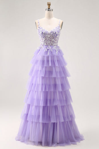 Glitter Purple A Line Tulle Tiered Long Prom Dress with Lace