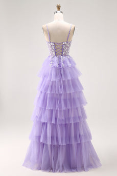 Glitter Purple A Line Tulle Tiered Long Prom Dress with Lace