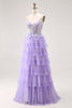 Load image into Gallery viewer, Glitter Purple A Line Tulle Tiered Long Prom Dress with Lace