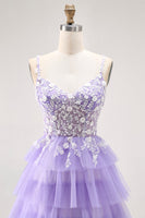 Load image into Gallery viewer, Glitter Purple A Line Tulle Tiered Long Prom Dress with Lace