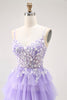Load image into Gallery viewer, Glitter Purple A Line Tulle Tiered Long Prom Dress with Lace