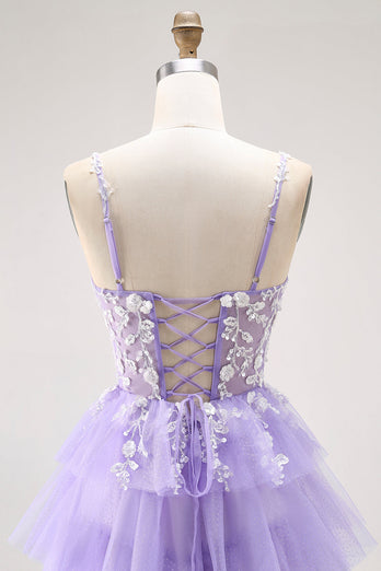 Glitter Purple A Line Tulle Tiered Long Prom Dress with Lace