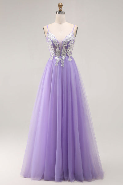 Sparkly Purple A Line Tulle Long Corset Prom Dress with Sequins