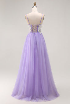 Sparkly Purple A Line Tulle Long Corset Prom Dress with Sequins