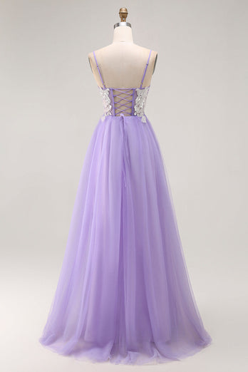 Sparkly Purple A Line Tulle Long Corset Prom Dress with Sequins