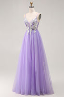 Load image into Gallery viewer, Sparkly Purple A Line Tulle Long Corset Prom Dress with Sequins