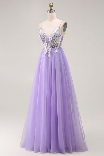 Sparkly Purple A Line Tulle Long Corset Prom Dress with Sequins