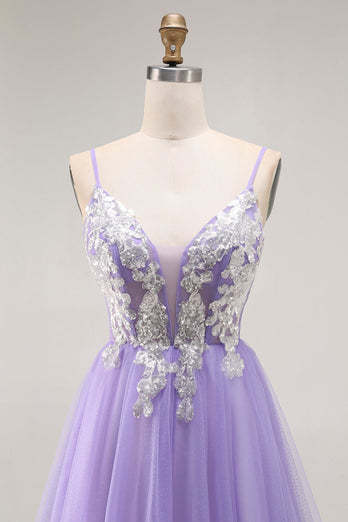 Sparkly Purple A Line Tulle Long Corset Prom Dress with Sequins
