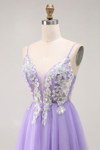 Sparkly Purple A Line Tulle Long Corset Prom Dress with Sequins