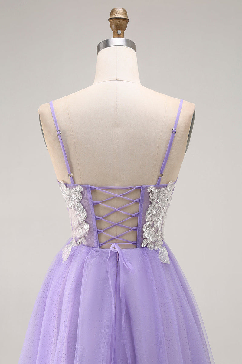 Load image into Gallery viewer, Sparkly Purple A Line Tulle Long Corset Prom Dress with Sequins
