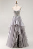 Load image into Gallery viewer, Sparkly Grey A Line Ruffled Long Corset Prom Dress with Beading