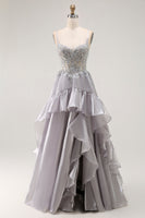 Load image into Gallery viewer, Sparkly Grey A Line Ruffled Long Corset Prom Dress with Beading
