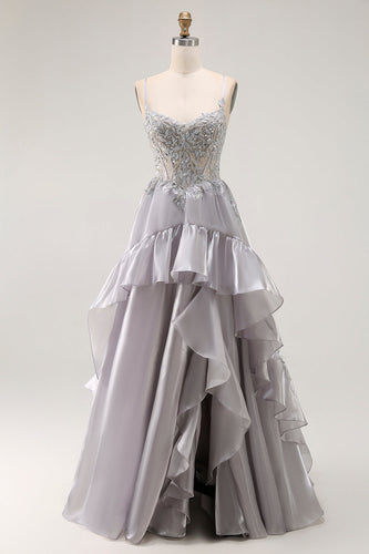 Sparkly Grey A Line Ruffled Long Corset Prom Dress with Beading