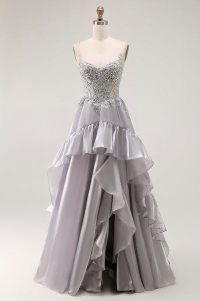 Sparkly Grey A Line Ruffled Long Corset Prom Dress with Beading