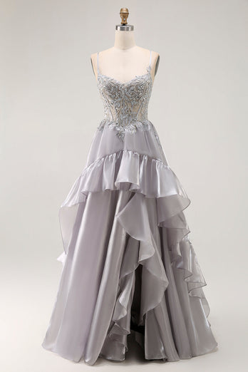 Sparkly Grey A Line Ruffled Long Corset Prom Dress with Beading