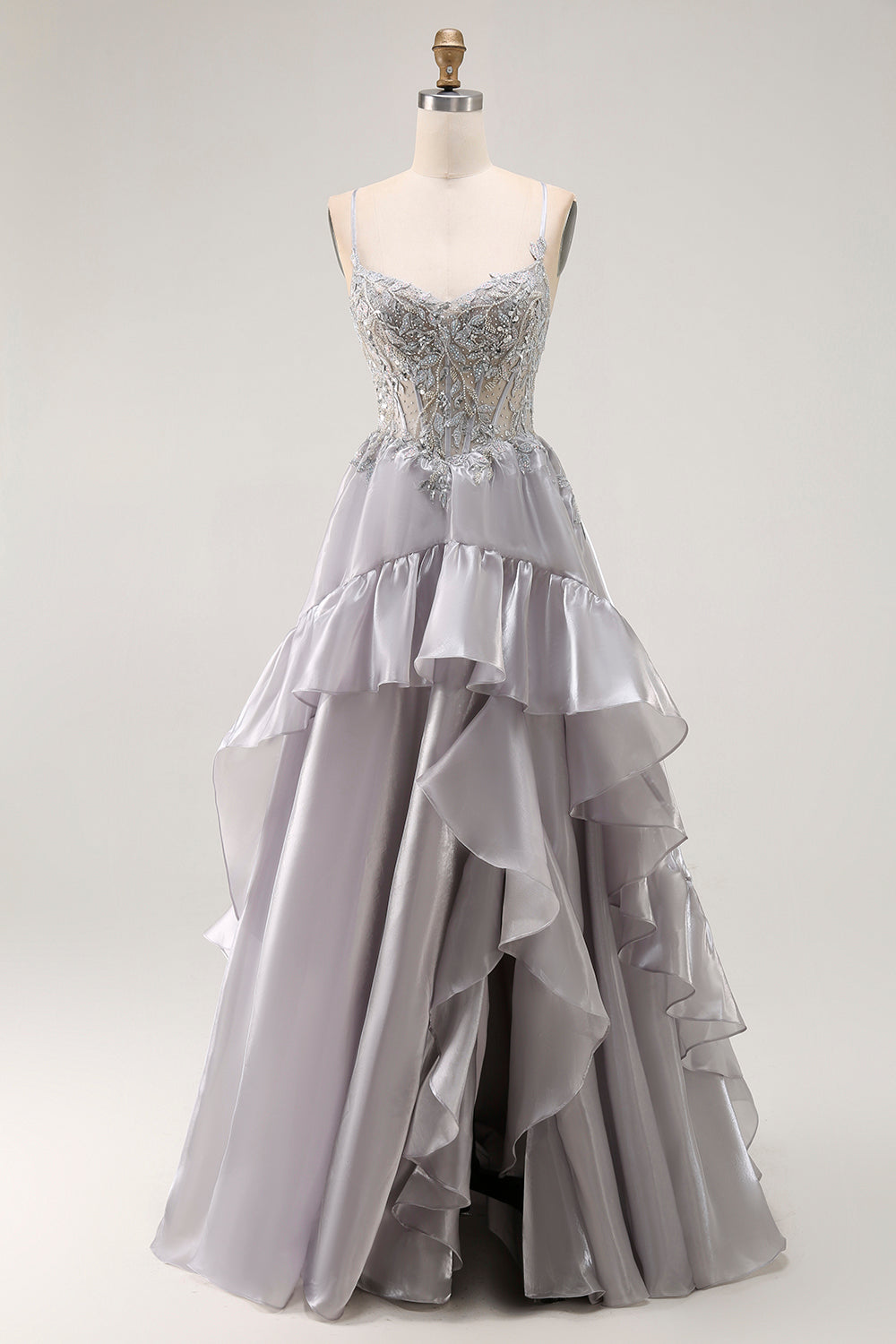 Sparkly Grey A Line Ruffled Long Corset Prom Dress with Beading