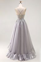 Load image into Gallery viewer, Sparkly Grey A Line Ruffled Long Corset Prom Dress with Beading