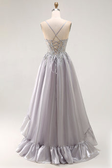 Sparkly Grey A Line Ruffled Long Corset Prom Dress with Beading