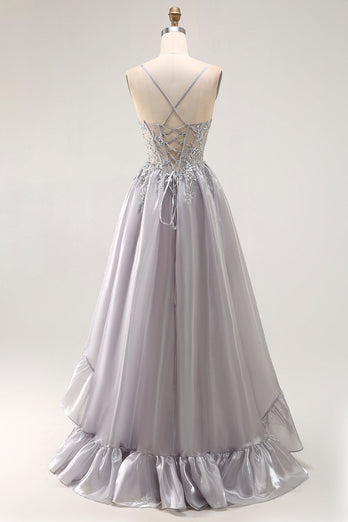 Sparkly Grey A Line Ruffled Long Corset Prom Dress with Beading