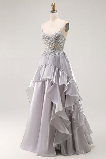 Sparkly Grey A Line Ruffled Long Corset Prom Dress with Beading