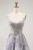 Load image into Gallery viewer, Sparkly Grey A Line Ruffled Long Corset Prom Dress with Beading