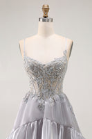 Load image into Gallery viewer, Sparkly Grey A Line Ruffled Long Corset Prom Dress with Beading