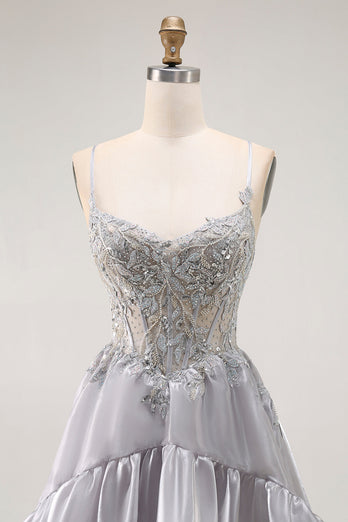 Sparkly Grey A Line Ruffled Long Corset Prom Dress with Beading