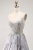 Load image into Gallery viewer, Sparkly Grey A Line Ruffled Long Corset Prom Dress with Beading