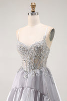 Load image into Gallery viewer, Sparkly Grey A Line Ruffled Long Corset Prom Dress with Beading