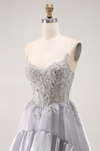 Sparkly Grey A Line Ruffled Long Corset Prom Dress with Beading