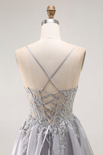 Sparkly Grey A Line Ruffled Long Corset Prom Dress with Beading