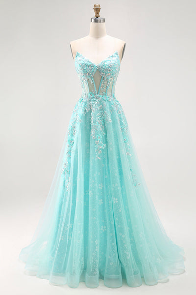 Sparkly Green A Line Long Corset Prom Dress with Lace