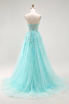 Sparkly Green A Line Long Corset Prom Dress with Lace