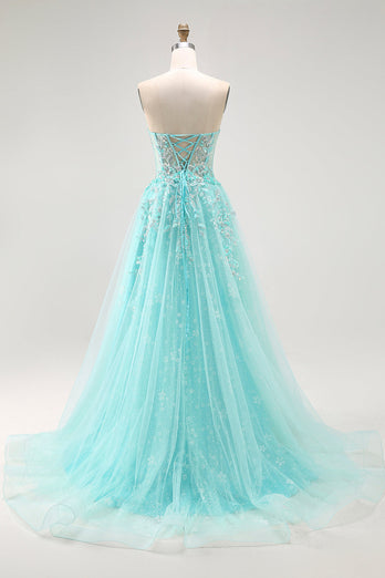 Sparkly Green A Line Long Corset Prom Dress with Lace