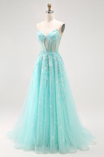Sparkly Green A Line Long Corset Prom Dress with Lace