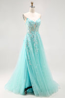 Load image into Gallery viewer, Sparkly Green A Line Long Corset Prom Dress with Lace