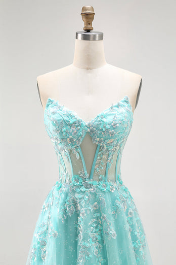 Sparkly Green A Line Long Corset Prom Dress with Lace