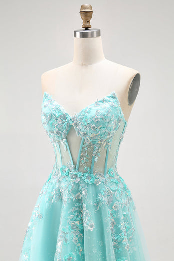Sparkly Green A Line Long Corset Prom Dress with Lace